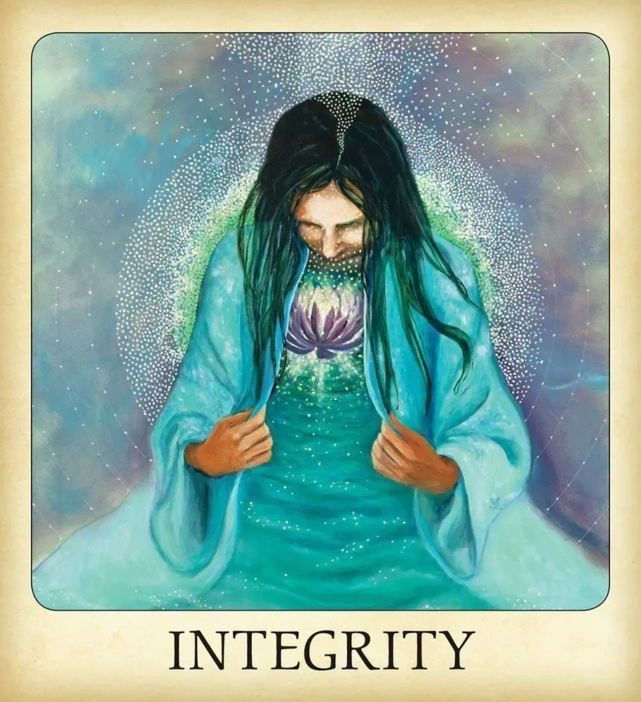 Integrity meditation card: a woman holding a glowing lotus at her heart.