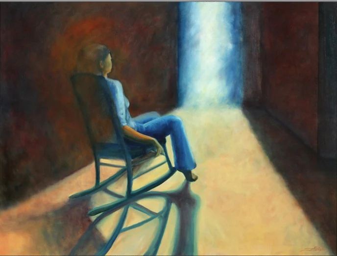 A seated figure in a rocking chair faces a bright doorway in a dark room.