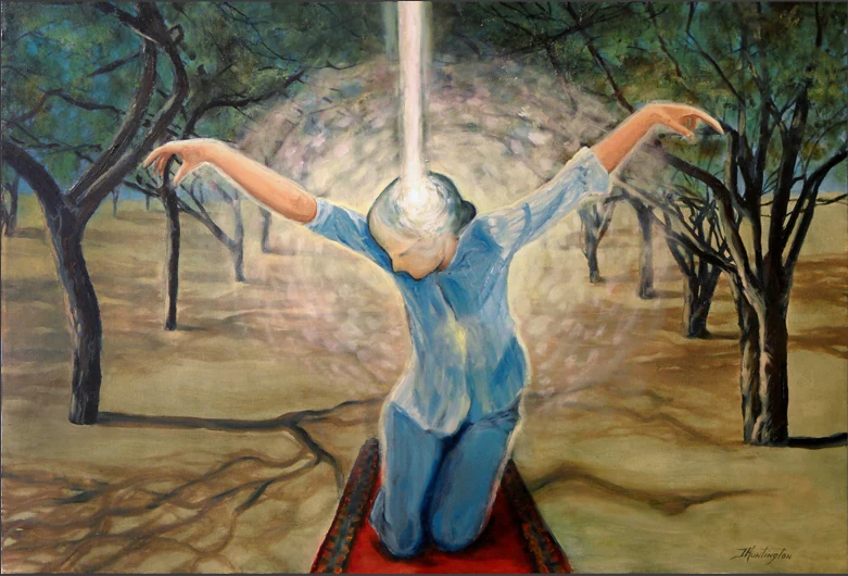 A kneeling figure opens both arms as a column of white light descends among bare trees.