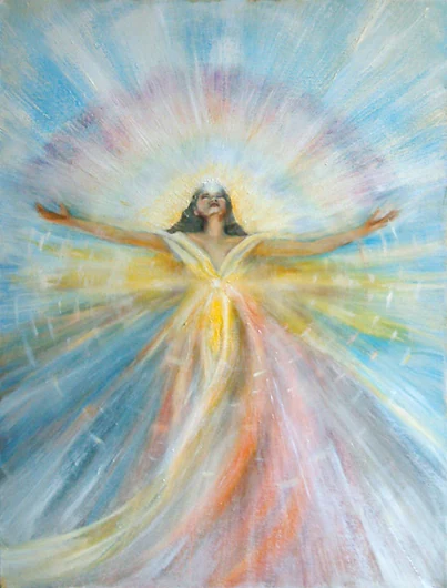 A radiant figure stretches both arms outward amid gold, white, and rainbow-colored light.
