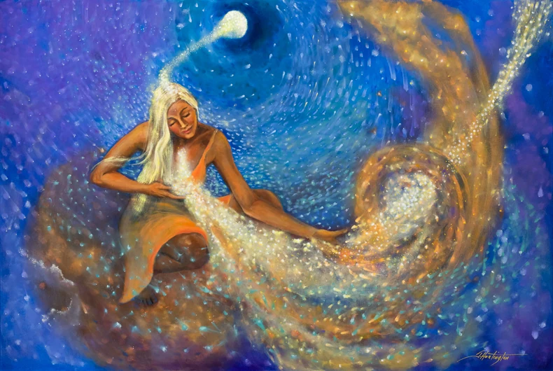 A white-haired woman pours a sparkling stream into a blue and gold cosmic space.