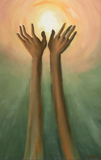 Two raised hands reach toward a warm white circle of light.