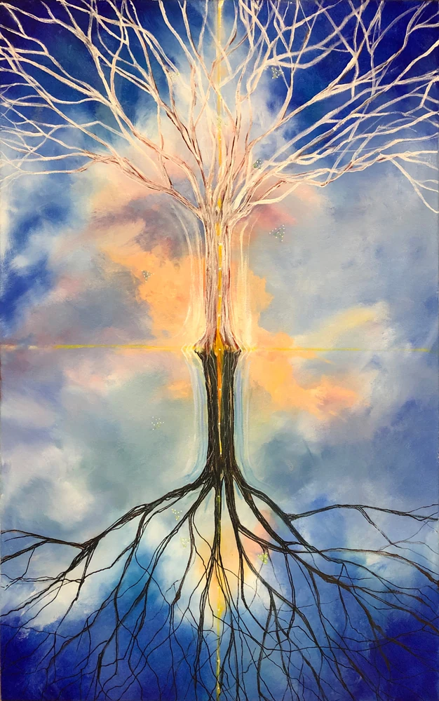 A luminous tree stretches white branches upward and dark roots downward against a blue sky.