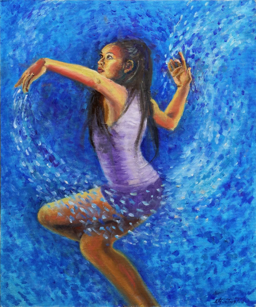 A woman in a violet dress dances against a bright, textured blue background.