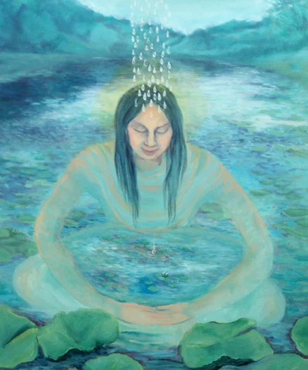 A seated woman holds a small pool in her lap while surrounded by water and falling points of light.