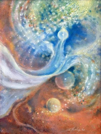 Pale ribbons and points of light swirl through a blue, gold, and rose-colored field.