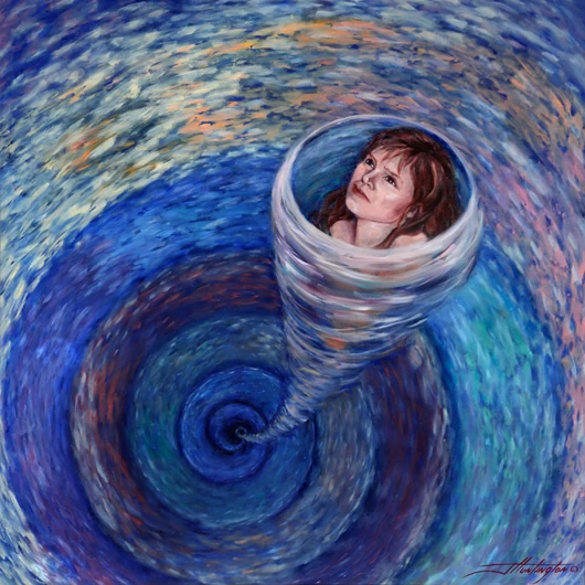 A woman’s face appears within a broad spiral of blue, violet, and white.