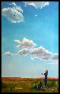 A standing figure flies a kite above an open field while another figure rests nearby.