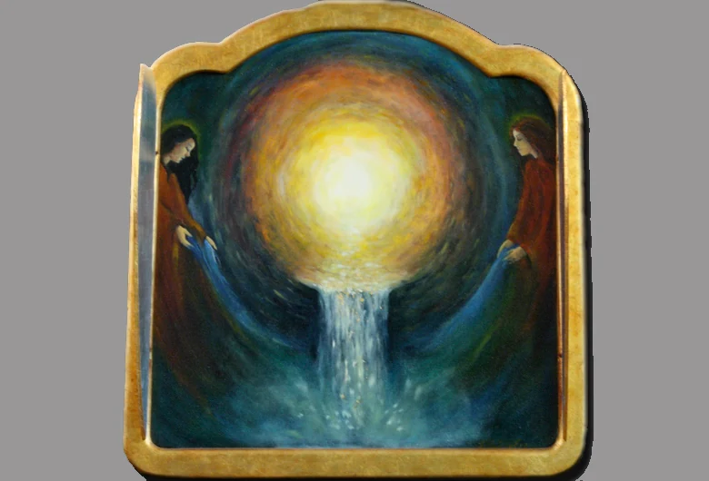 Two figures lean toward a glowing golden center from which a stream of light descends.