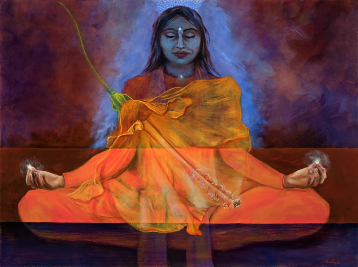 A seated figure wrapped in orange fabric appears across overlapping translucent layers.