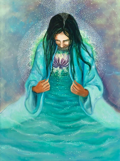 A dark-haired figure looks toward a lotus at the heart, surrounded by flowing turquoise light.