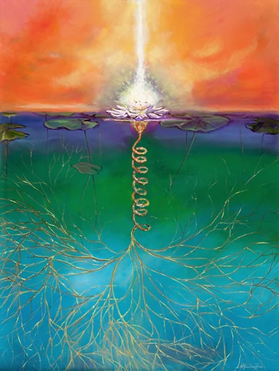 A white beam enters a lotus above branching golden roots in blue-green water.
