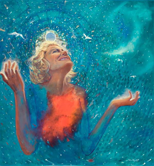 A smiling figure in red raises both hands amid turquoise light and small white birds.