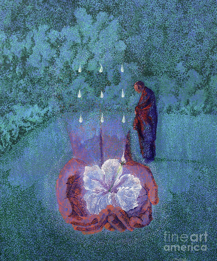A large lotus-shaped form and a standing figure appear among fine points of blue and violet light.