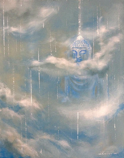 A Buddha-like face appears among soft clouds and fine vertical threads of light.