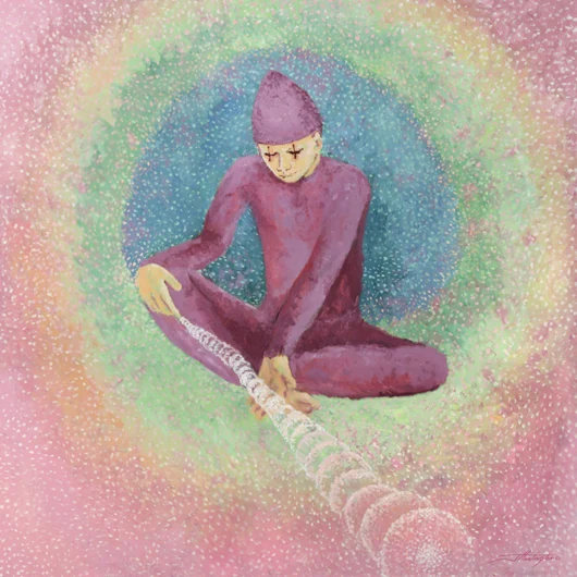A seated figure in violet bends over a translucent string of glowing spheres.