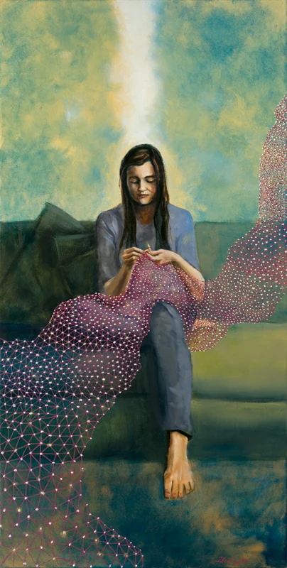 A woman on a green sofa knits a pink and violet net that flows onto the floor.