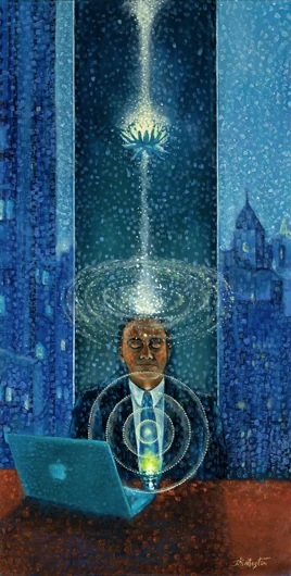 A suited figure meditates at a laptop beneath a luminous lotus and a high window.
