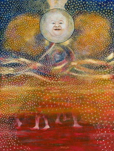 A baby’s face emerges above geometric lines and bands of glowing red, orange, and gold.