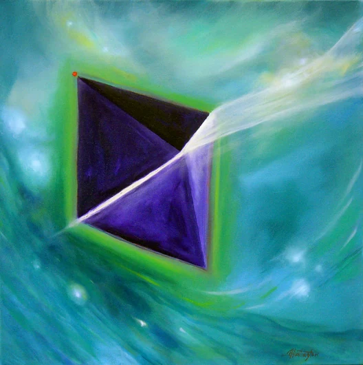 A violet geometric form is crossed by a white beam against a flowing turquoise background.