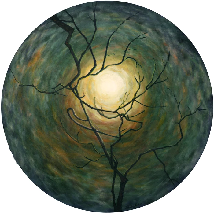Dark branches cross a glowing pale center within a circular painted surface.