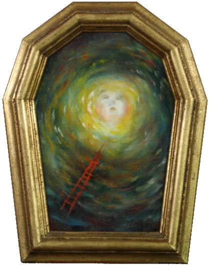 A small red ladder leads toward a pale face within a swirling green and golden opening.