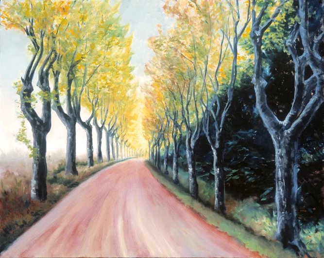 A rose-colored road stretches between rows of dark trunks and golden trees.