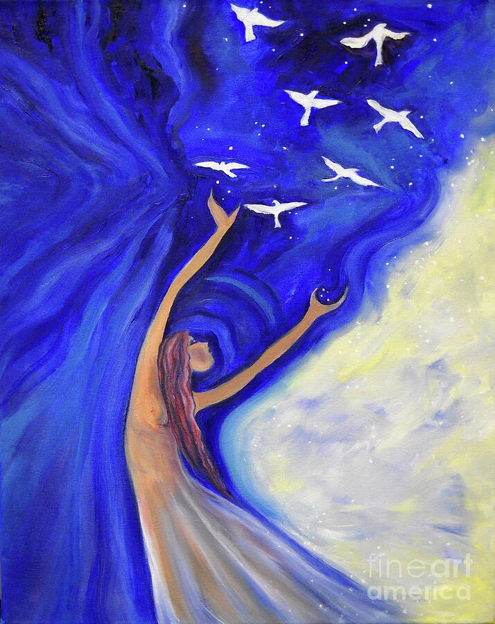 A woman reaches upward as white birds rise through deep blue and pale yellow light.