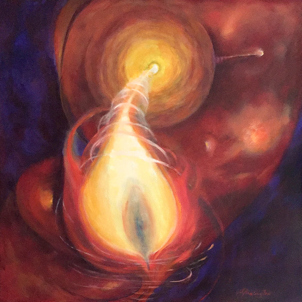 An elongated golden flame rises through glowing orange and dark red forms.