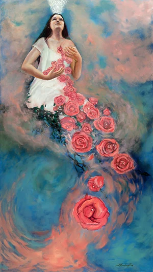 A woman in a white dress releases a descending trail of large pink roses.