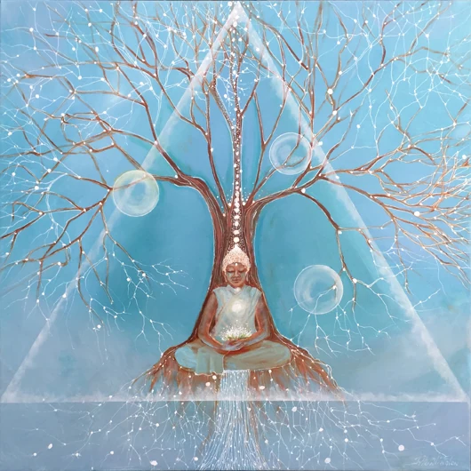 A seated figure rests within a triangular field of light beneath branching limbs and luminous orbs.
