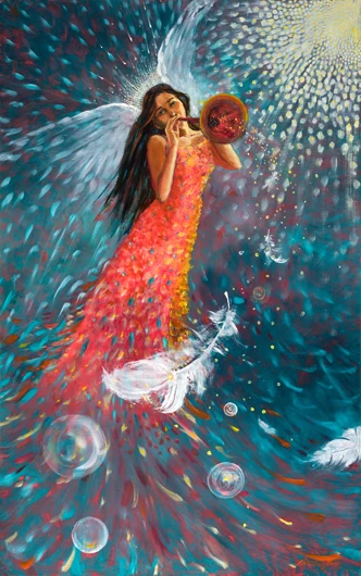 A woman in red blows a golden horn among white birds and sparkling points of light.