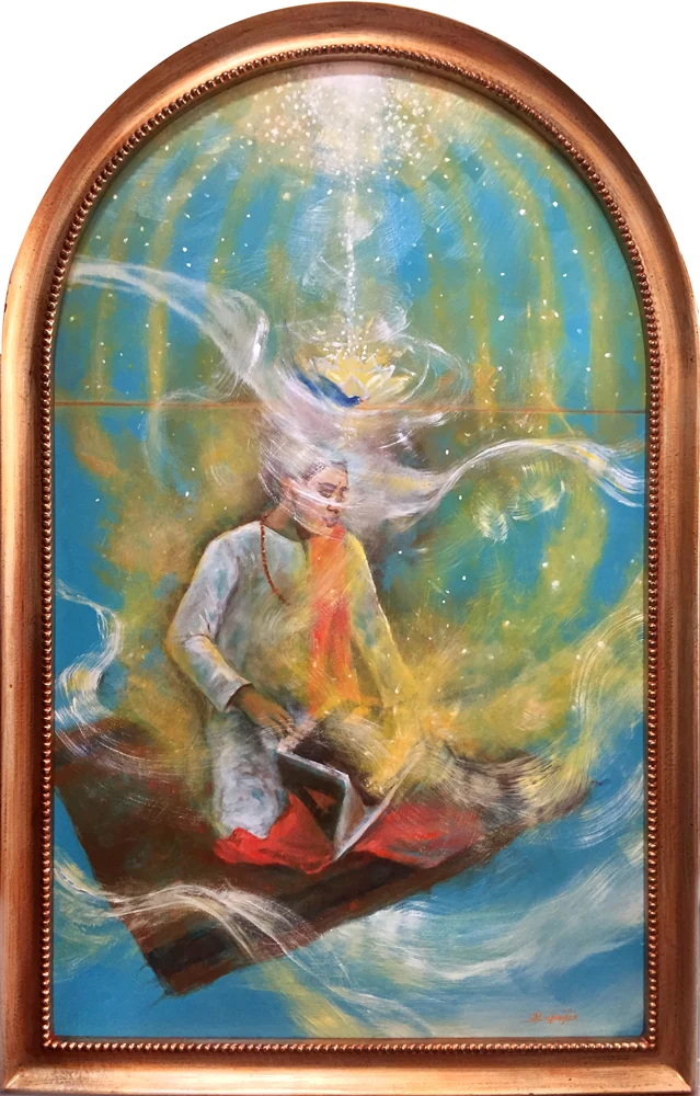 A seated musician and flowing figures fill a glowing golden arch against blue.