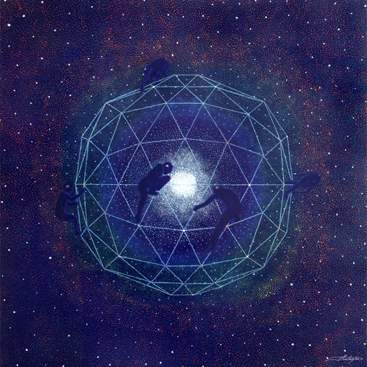 Small figures climb a geometric dome around a bright center in a star-filled blue space.