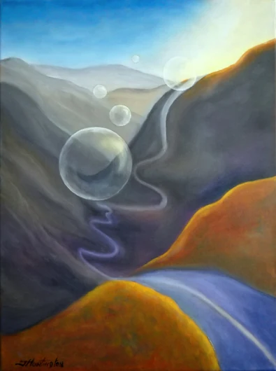 A winding pale road crosses blue-green mountains among floating translucent spheres.