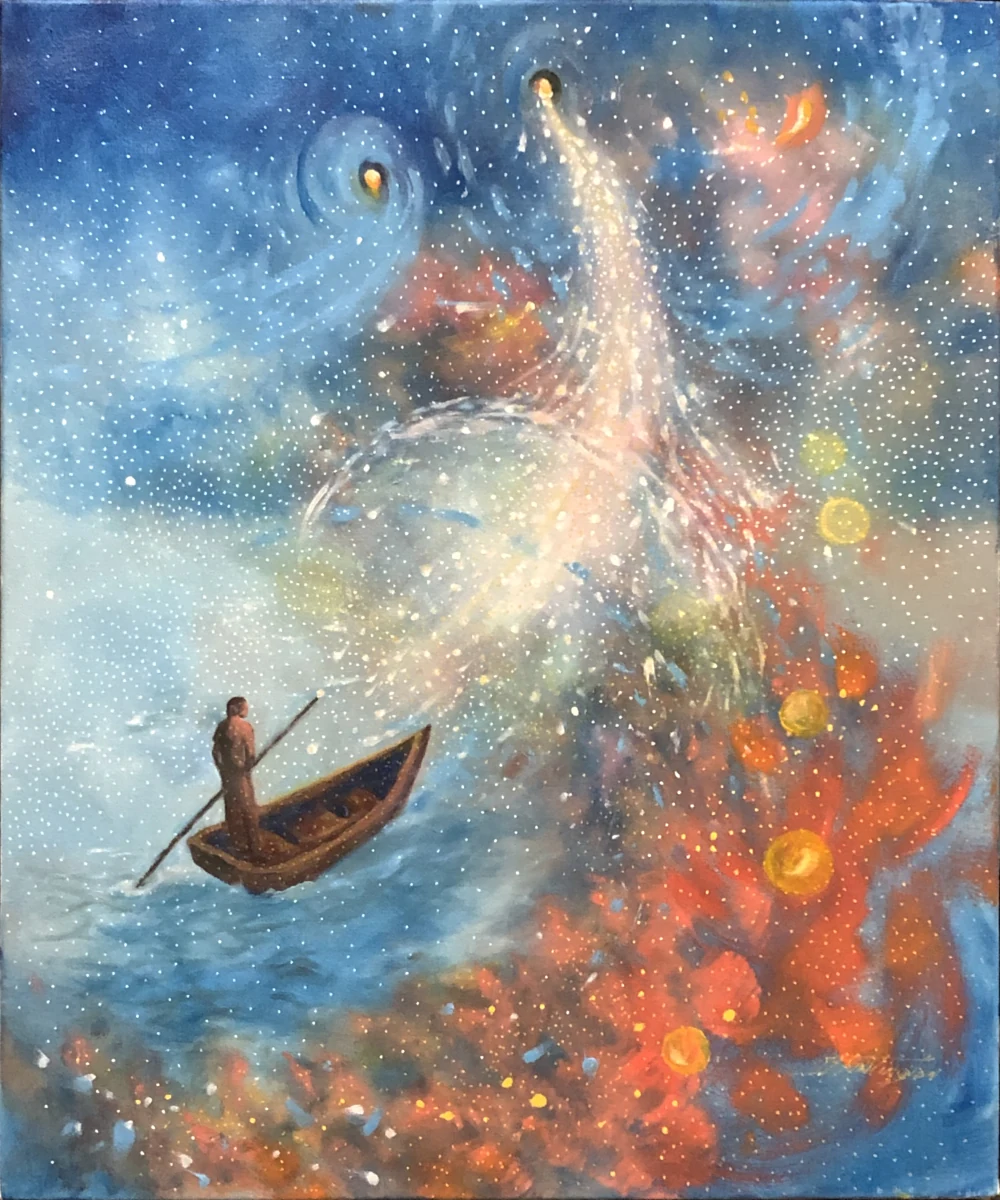 A small boat carries a figure toward a luminous presence through a swirling blue and gold sky.