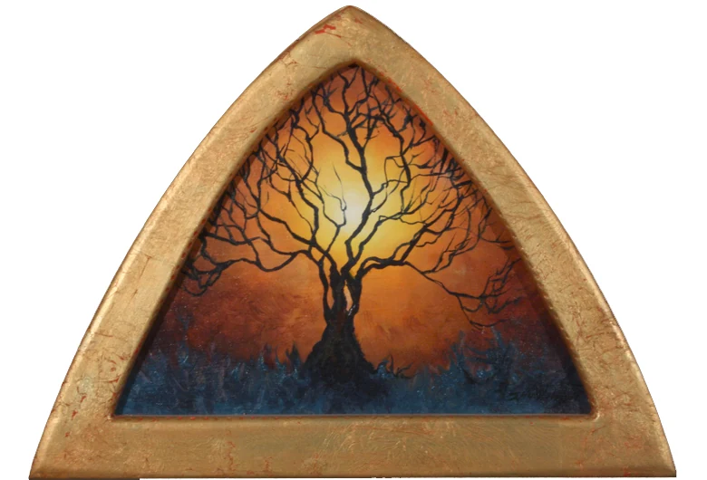 A branching tree stands against a warm sky within a pointed golden frame.