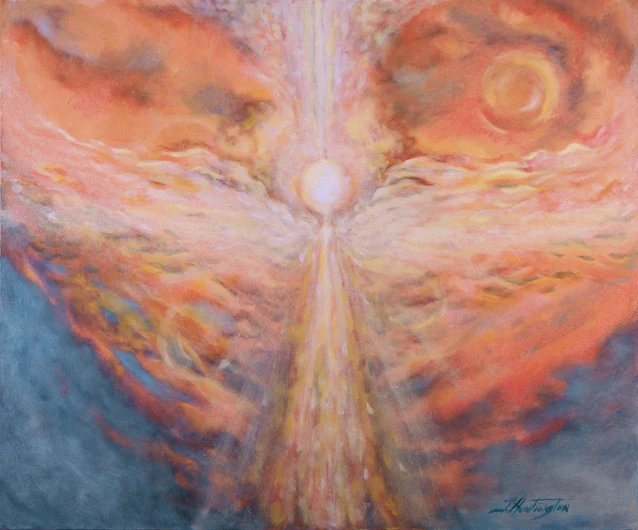 Pale wing-like shapes emerge from flowing orange, rose, and violet clouds.