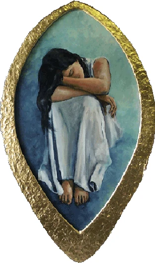 A dark-haired figure sits with head resting on folded arms above a pale dress.