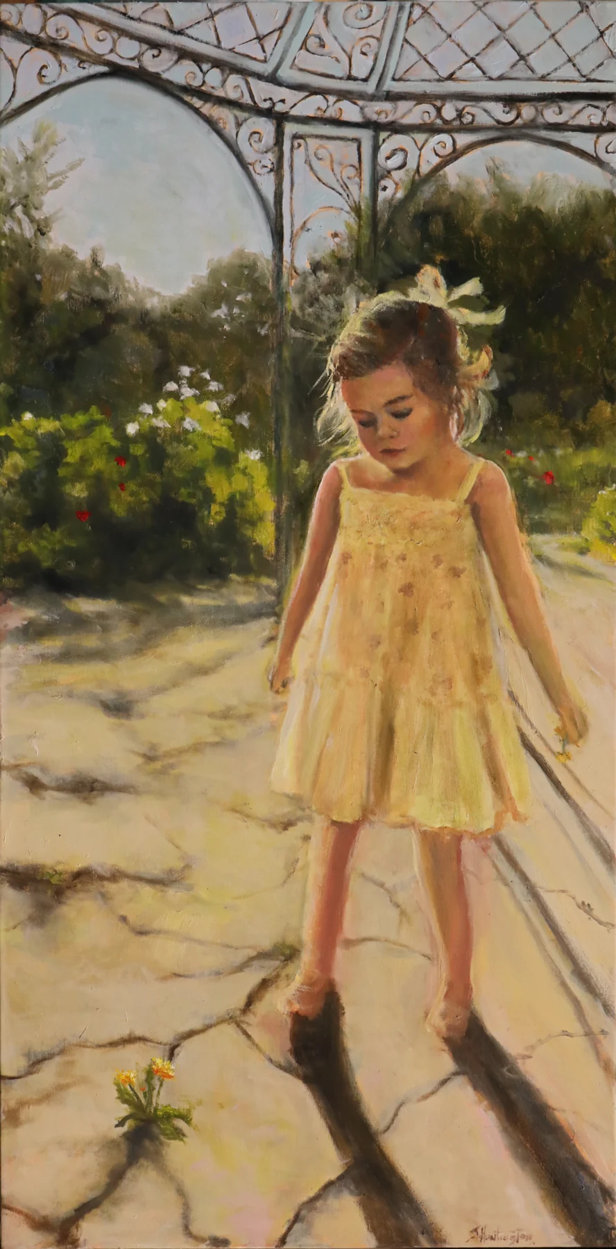 A young girl in a sunlit yellow dress walks beneath an ornate arbor in a rose garden.