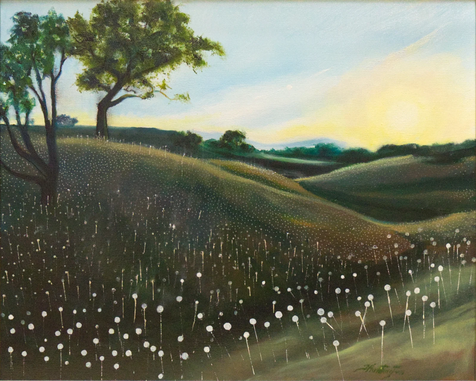 A rolling green landscape at dusk, illuminated by a field of tiny lights beneath a golden sky.