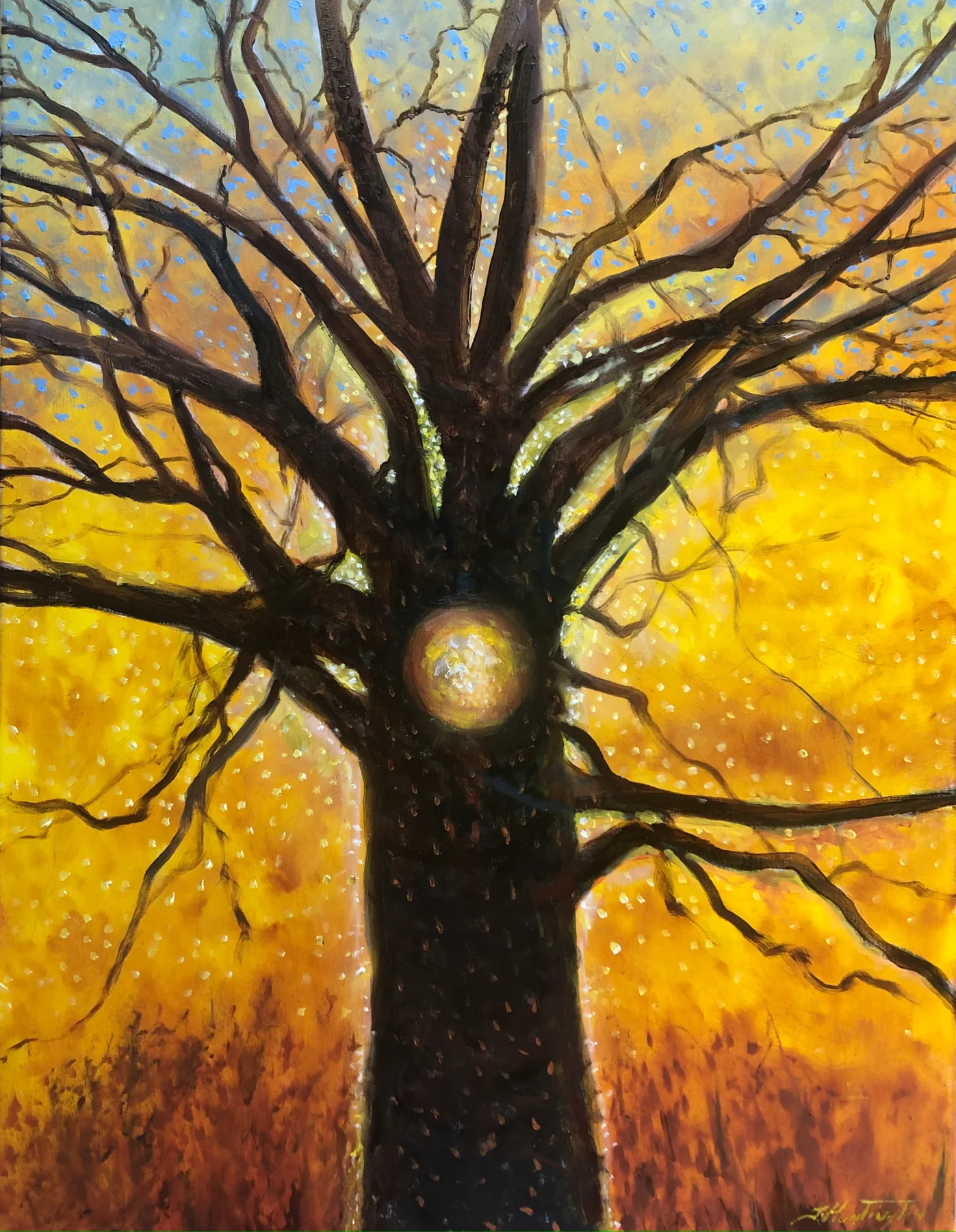 A dark branching tree surrounds a glowing golden center, with blue flecks of sky among yellow leaves.