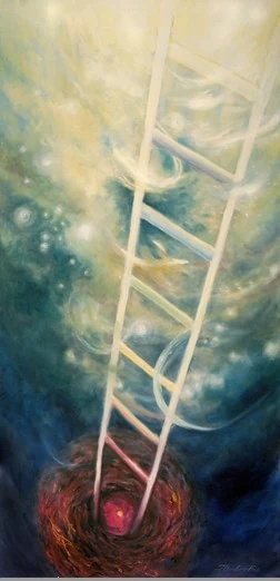A pale ladder rises from a glowing pink nest through blue-green swirls toward warm white light.