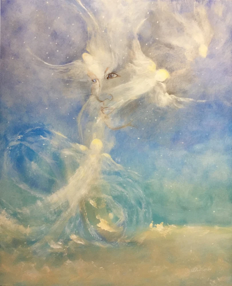A pale face emerges among luminous wing-like forms, bubbles, and waves in a soft blue and gold field.
