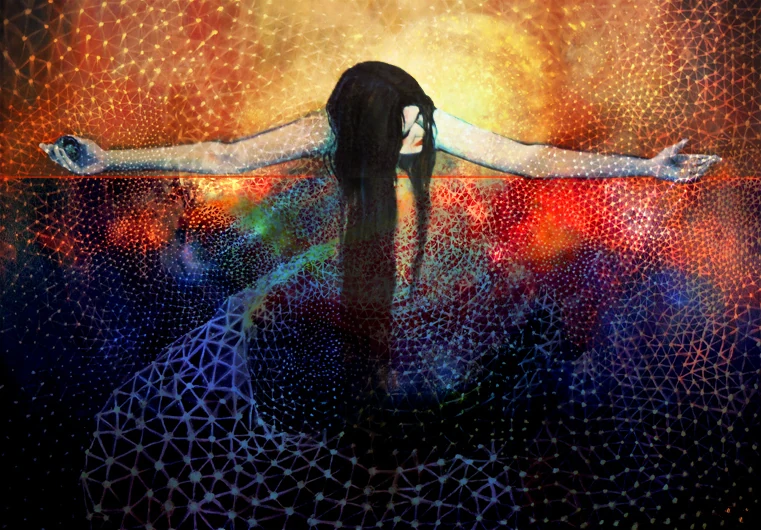 A woman extends her arms above a dense net of small lights against a blue and orange horizon.