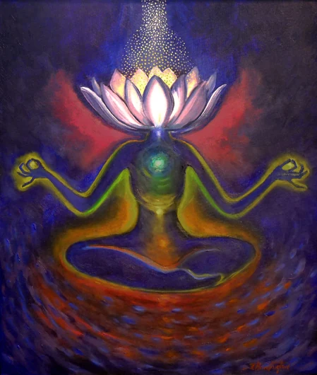 A seated figure with a glowing lotus in place of a head floats above swirling red and blue rings.