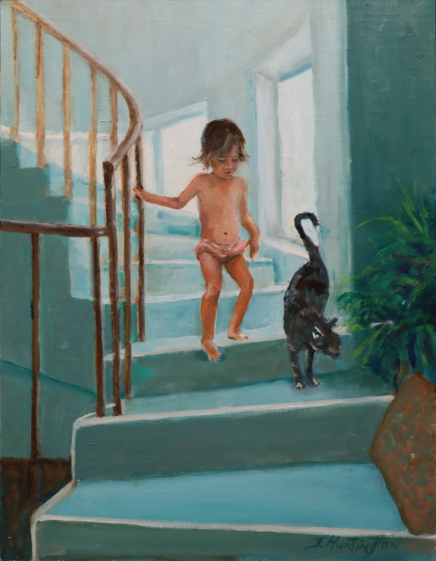 A small child and a black cat descend a pale blue staircase beside a bright doorway.