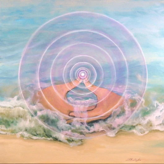 Hands form a bowl beneath concentric pink and violet circles, with waves washing onto a sandy shore.