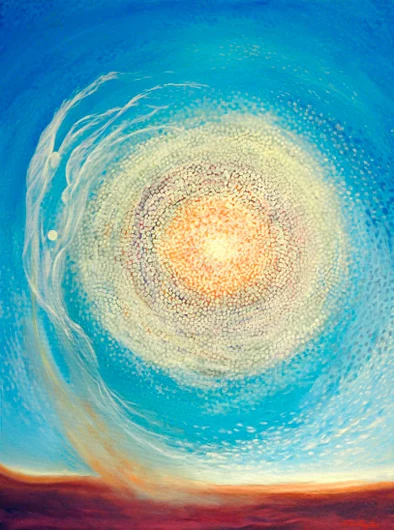 A brilliant golden center radiates through a turquoise sky, encircled by delicate white forms above a red horizon.