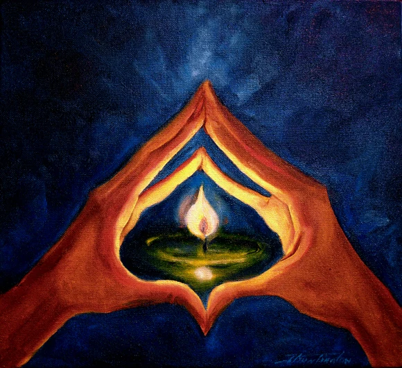 Two hands form a pointed arch around a small flame reflected in green water against a deep blue background.